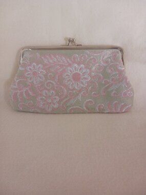 Excellent Condition New Seafoam Green, Pink and White Embroidered Clutch